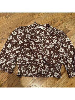 MONTEAU LOS ANGELES WOMENS BROWN FLORAL BLOUSE LARGE